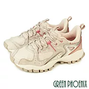 【GREEN PHOENIX】女 休閒鞋 登山鞋 健走鞋 綁帶 異質拼接 撞色 復古 厚底 EU40 米色