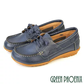 【GREEN PHOENIX】女 休閒鞋 帆船鞋 平底鞋 便鞋 全真皮 牛皮 綁帶 台灣製 JP22.5 藍色66