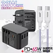 CITY萬用轉接頭PD快充33W急速充電器-黑+高密編織線Type-C to Type-C充電線-200cm 紫線