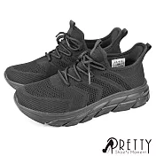 【Pretty】男 運動鞋 休閒鞋 健走鞋 輕量 厚底 飛線針織 EU42 全黑
