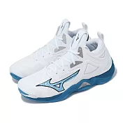Mizuno 排球鞋 Wave Momentum 3 Mid 男鞋 白 藍 中筒 緩衝 室內運動 羽排鞋 美津濃 V1GA2317-21