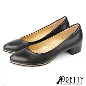 【Pretty】女 低跟鞋 素面 OL通勤 上班 面試 尖頭 粗跟 台灣製 JP24 黑色