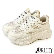 【Pretty】女 休閒鞋 老爹鞋 異材質 厚底 綁帶 韓國製 EU36 米色2