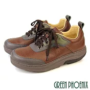 【GREEN PHOENIX】男 休閒鞋 厚底鞋 真皮 綁帶 輕量彈力厚底 磁石震動 會呼吸的鞋 EU43 綠色