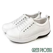 【GREEN PHOENIX】男 休閒鞋 工作鞋 厚底鞋 真皮 免綁鞋帶 輕量彈力厚底 磁石震動 會呼吸的鞋 EU43 白色