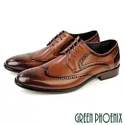 【GREEN PHOENIX】男 紳士鞋 商務鞋 皮鞋 德比鞋 真皮 翼紋雕花 牛津 防潑水 EU39 咖啡色