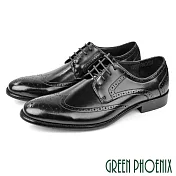 【GREEN PHOENIX】男 紳士鞋 商務鞋 皮鞋 德比鞋 真皮 翼紋雕花 牛津 防潑水 EU40 黑色