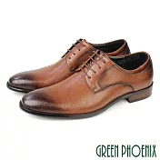 【GREEN PHOENIX】男 紳士鞋 商務鞋 皮鞋 德比鞋 真皮 綁帶 防潑水 壓紋 EU40 咖啡色