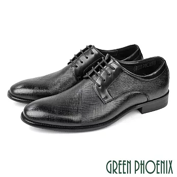 【GREEN PHOENIX】男 紳士鞋 商務鞋 皮鞋 德比鞋 真皮 綁帶 防潑水 壓紋 EU45 黑色