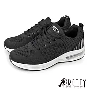 【Pretty】男 運動鞋 休閒鞋 氣墊 厚底 輕量 綁帶 JP28 黑白色