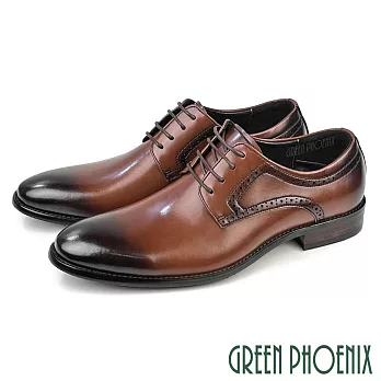 【GREEN PHOENIX】男 紳士鞋 商務鞋 皮鞋 德比鞋 真皮 綁帶 防潑水 EU45 咖啡色
