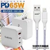CB 65W GaN 氮化鎵 快速充電器-白+高密度編織線USB-iphone/ipad/Lightning-100cm 紫線