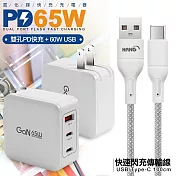 CB 65W GaN 氮化鎵 快速充電器-白+高密編織線USB to Type-C充電線-100cm 灰線