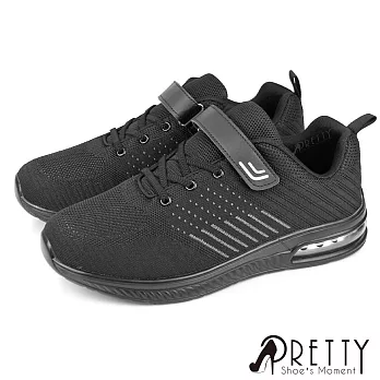 【Pretty】男 運動鞋 休閒鞋 氣墊鞋 沾黏式 輕量厚底 JP27.5 黑色
