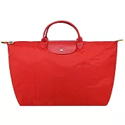 LONGCHAMP LE PLIAGE GREEN系列刺繡短把再生尼龍摺疊旅行袋(小)  番茄紅