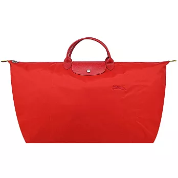 LONGCHAMP LE PLIAGE GREEN系列刺繡短把再生尼龍摺疊旅行袋(中) 番茄紅