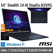 msi微星 Stealth 14 AI Studio A1VFG-009TW 14吋 電競筆電(Ultra 7 155H/32G/1T SSD/RTX4060/W11)
