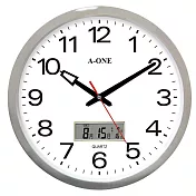 A-ONE TG-0227 鍍銀 雙顯LCD 辦公室 居家 掛鐘 時鐘 台製 38cm