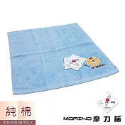 【MORINO摩力諾】MIT-可愛動物純棉刺繡方巾/手帕  貓咪 水藍