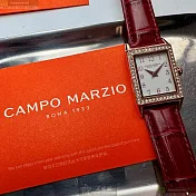 CAMPO MARZIO凱博馬爾茲精品錶,編號：CMW0012,20mm, 26mm方形玫瑰金精鋼錶殼白色錶盤真皮皮革紅色錶帶