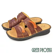 【GREEN PHOENIX】女 拖鞋 厚底 小坡跟 全真皮 牛皮 台灣製 EU35 咖啡色