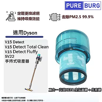 適用Dyson戴森V15 Detect SV22  Fluffy 無線吸塵器更換用空氣HEPA集塵濾網心