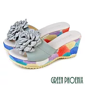【GREEN PHOENIX】女 拖鞋 厚底拖鞋 楔型拖鞋 全真皮 輕量 牛皮 茶花 台灣製 JP23 淺灰色