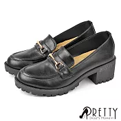 【Pretty】女 樂福鞋 小皮鞋 英倫學院風 漆皮 粗跟 馬銜釦 JP25 黑色