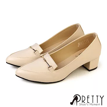 【Pretty】女 跟鞋 樂福鞋 尖頭 粗跟 馬銜釦 EU36 米色