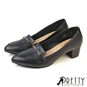 【Pretty】女 跟鞋 樂福鞋 尖頭 粗跟 馬銜釦 EU39 黑色