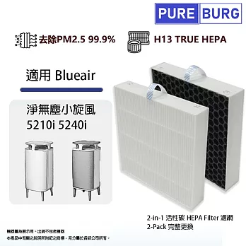 適用Blueair淨無塵小旋風5210i 5240i 5210 5240空氣清淨機 HEPA活性碳2合1濾網濾芯-2入組