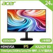 Acer KA242Y E0 24型護眼螢幕(IPS,VGA,HDMI,2Wx2,1ms,100Hz)