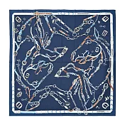 Hermes 愛馬仕 Chevaux Dechaines 140 cm手工捲邊喀什米爾與真絲混紡方巾 深海軍藍/白/榛子