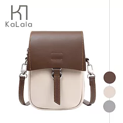 KaLala 經典復古 小牛皮質感 斜背單肩撞色迷你手機包 白棕色