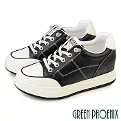 【GREEN PHOENIX】女 休閒鞋 真皮 顯瘦 直套式 免綁鞋帶 厚底 內增高 EU35 黑色