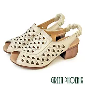 【GREEN PHOENIX】女 涼鞋 魚口鞋 粗跟 中跟 真皮 EU35 米色