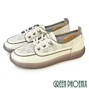 【GREEN PHOENIX】女 休閒鞋 真皮 直套式 免綁鞋帶 平底 JP23.5 米色