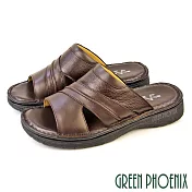 【GREEN PHOENIX】男 拖鞋 全真皮 牛皮 吸震減壓 手縫 厚底 台灣製 US6 咖啡色