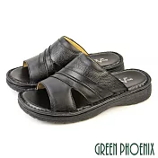【GREEN PHOENIX】男 拖鞋 全真皮 牛皮 吸震減壓 手縫 厚底 台灣製 US10 黑色