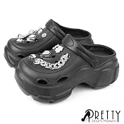 【Pretty】女 洞洞鞋 雨鞋 穆勒鞋 布希鞋 涼拖鞋 兩穿 鞋釦 防水 輕量 厚底 JP25 黑色