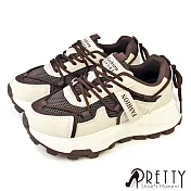 【Pretty】女 運動鞋 休閒鞋 老爹鞋 厚底 綁帶 異材質 拼接 EU39 米色