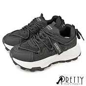 【Pretty】女 運動鞋 休閒鞋 老爹鞋 厚底 綁帶 異材質 拼接 EU36 黑色