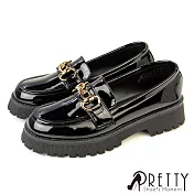 【Pretty】女 樂福鞋 小皮鞋 英倫學院風 漆皮 鋸齒 厚底 台灣製 JP23.5 黑亮
