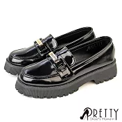 【Pretty】女 樂福鞋 小皮鞋 漆皮 鋸齒 厚底 英倫學院風 台灣製 JP23.5 黑色