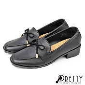 【Pretty】女 樂福鞋 跟鞋 便鞋 粗跟 中跟 方頭 蝴蝶結 OL通勤 上班 面試 台灣製 JP24 黑色