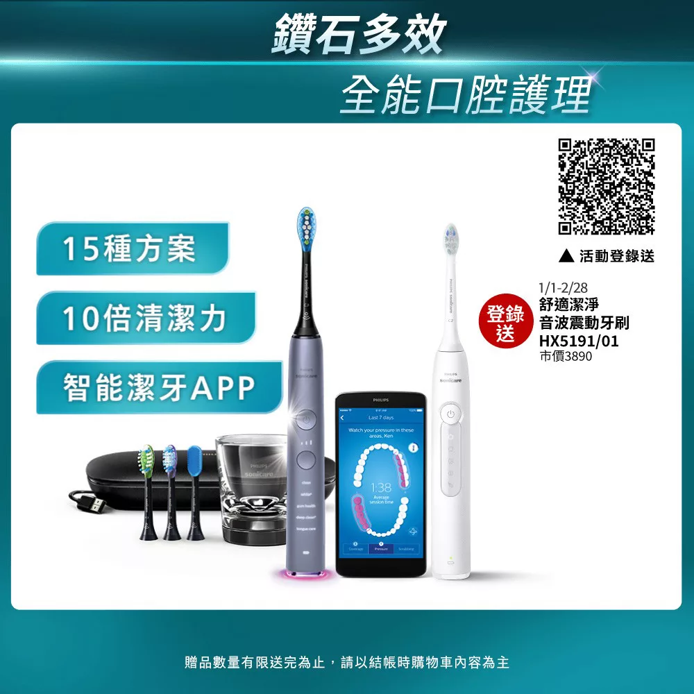 【Philips飛利浦】Sonicare Smart 鑽石靚白智能音波震動牙刷/電動牙刷(HX9924/42)+加碼送 智能刷頭6入+Godiva片裝巧克力+飲品兌換券 絢光銀