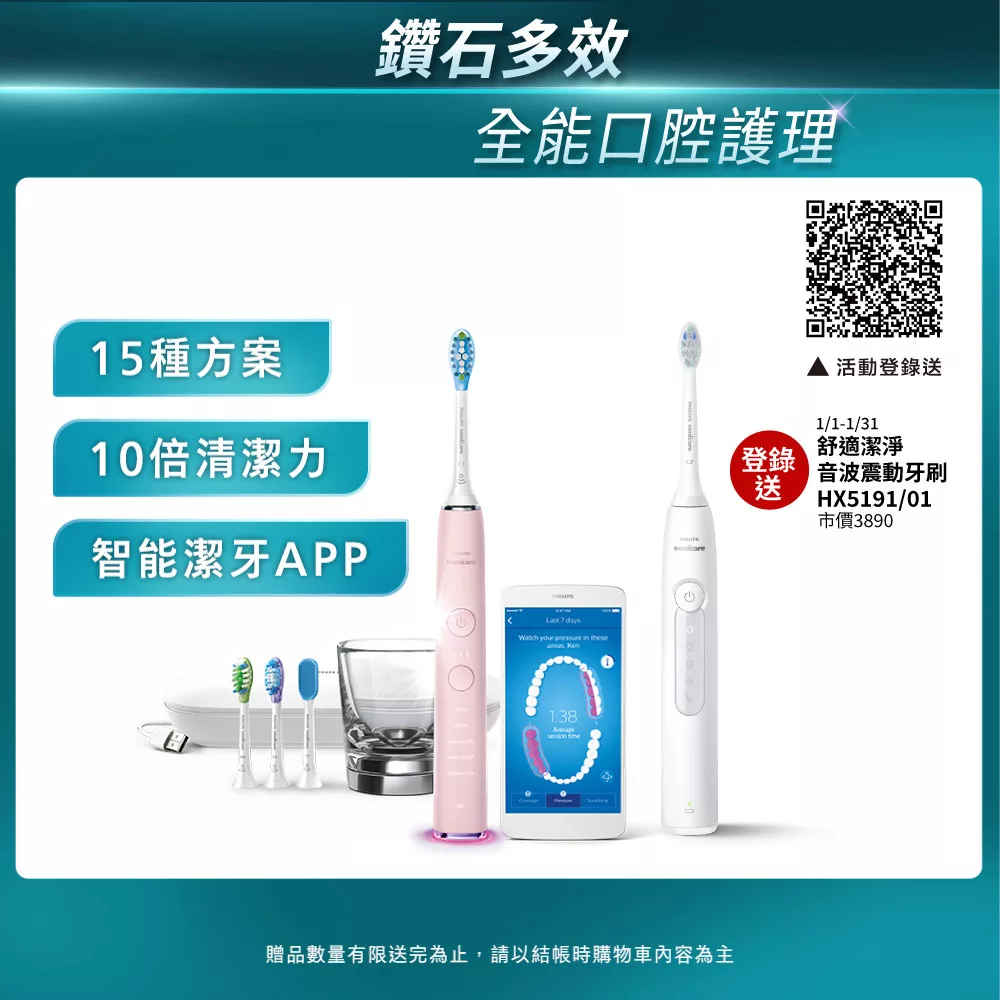 【Philips飛利浦】Sonicare Smart 鑽石靚白智能音波震動牙刷/電動牙刷(HX9924/22)+加碼送 智能刷頭6入+Godiva片裝巧克力+飲品兌換券 典雅粉