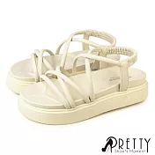 【Pretty】女 涼鞋 鬆糕 厚底 羅馬 交叉線條 JP23.5 米色