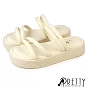 【Pretty】女 拖鞋 鬆糕 厚底 細線條 韓國進口 JP23 米色