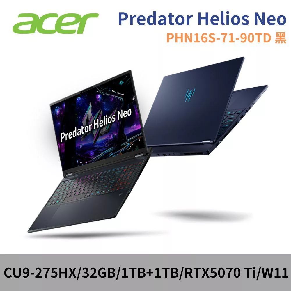 ★硬碟升級★Acer 宏碁Predator Helios PHN16S-71-90TD AI電競筆電(CU9-275HX/32GB/1TB+1TB/RTX5070 Ti)